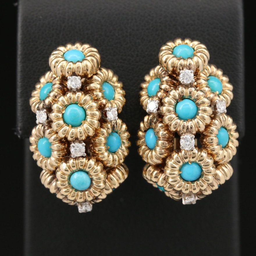 Vintage 18K Turquoise and Diamond Clip-On Earrings
