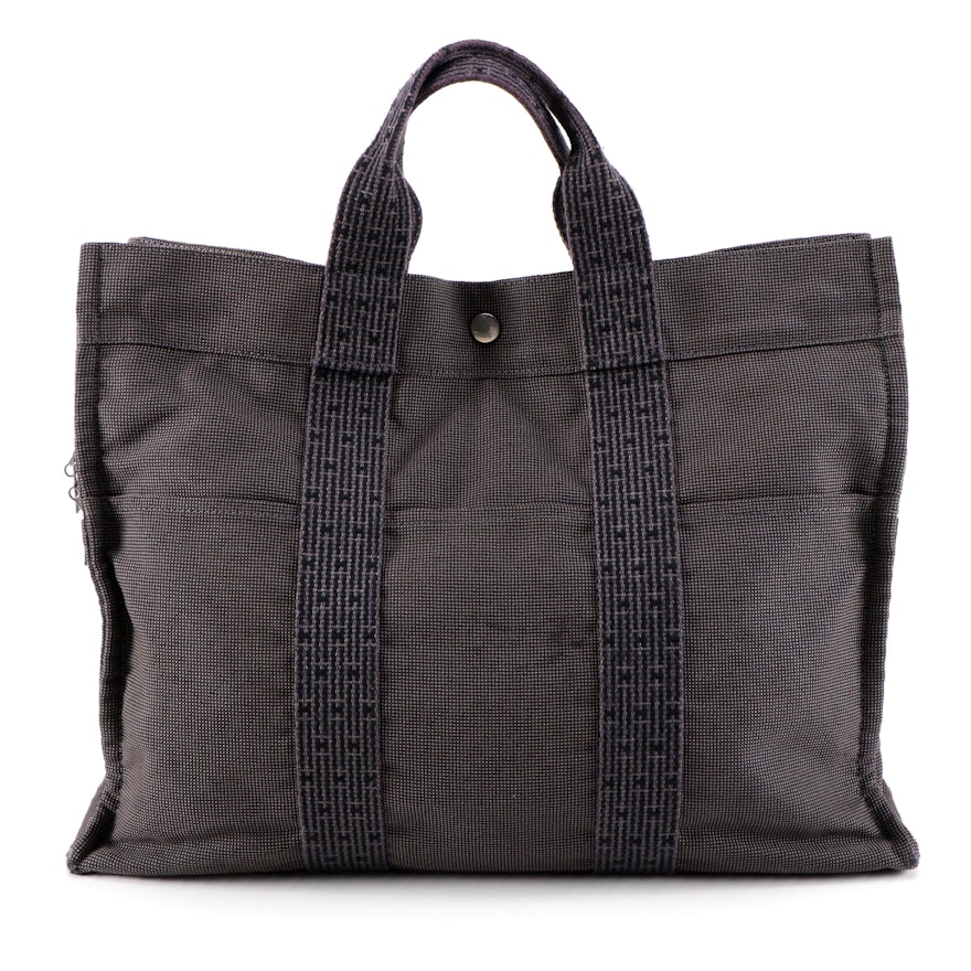 Hermès Herline MM Tote Bag in Black/Gray Canvas