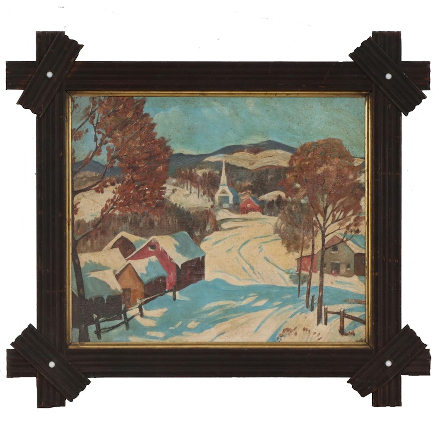 Winter Scene Oil Painting, Early 20th Century