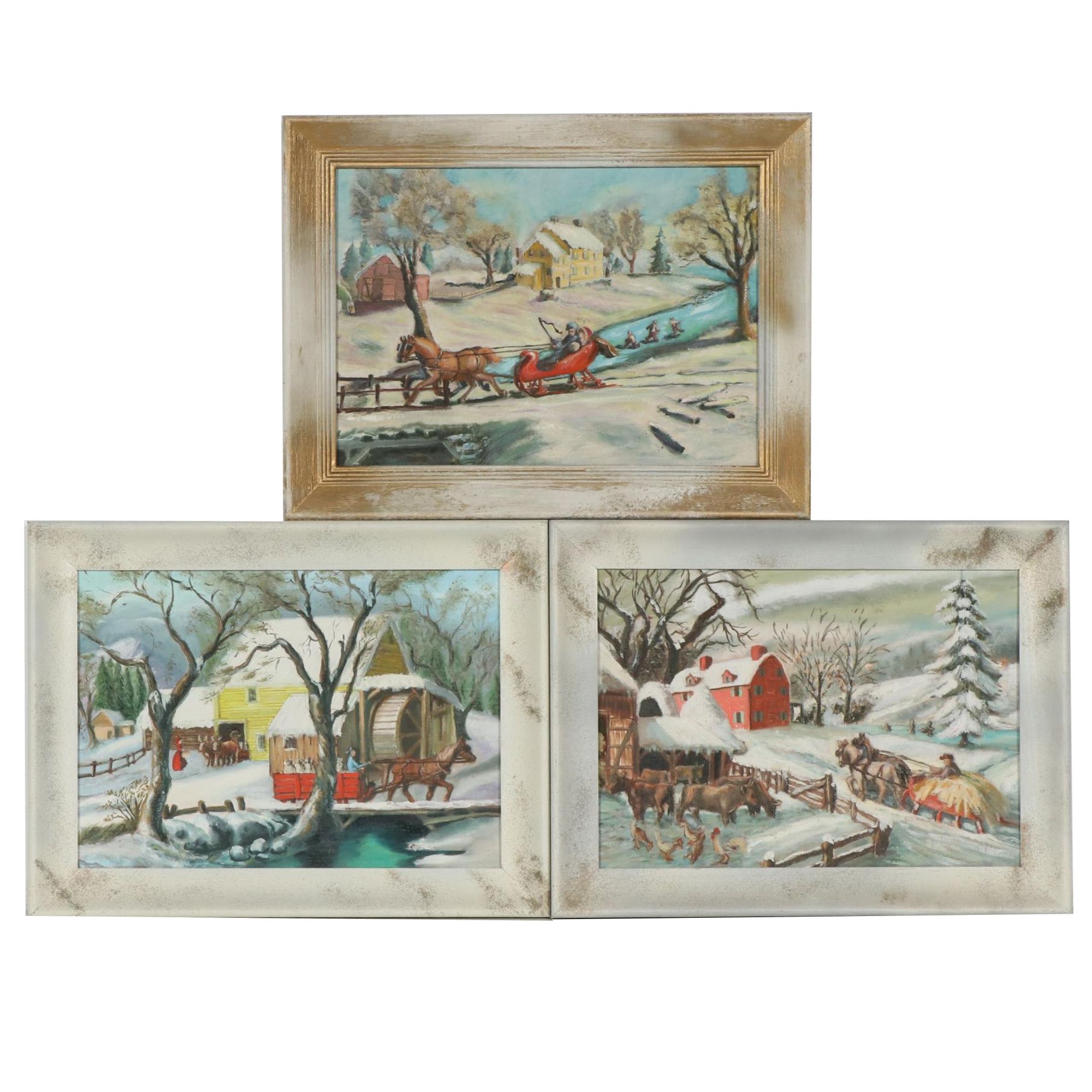 Folk Art Oil Paintings of Winter Farm Scenes, Mid-20th Century