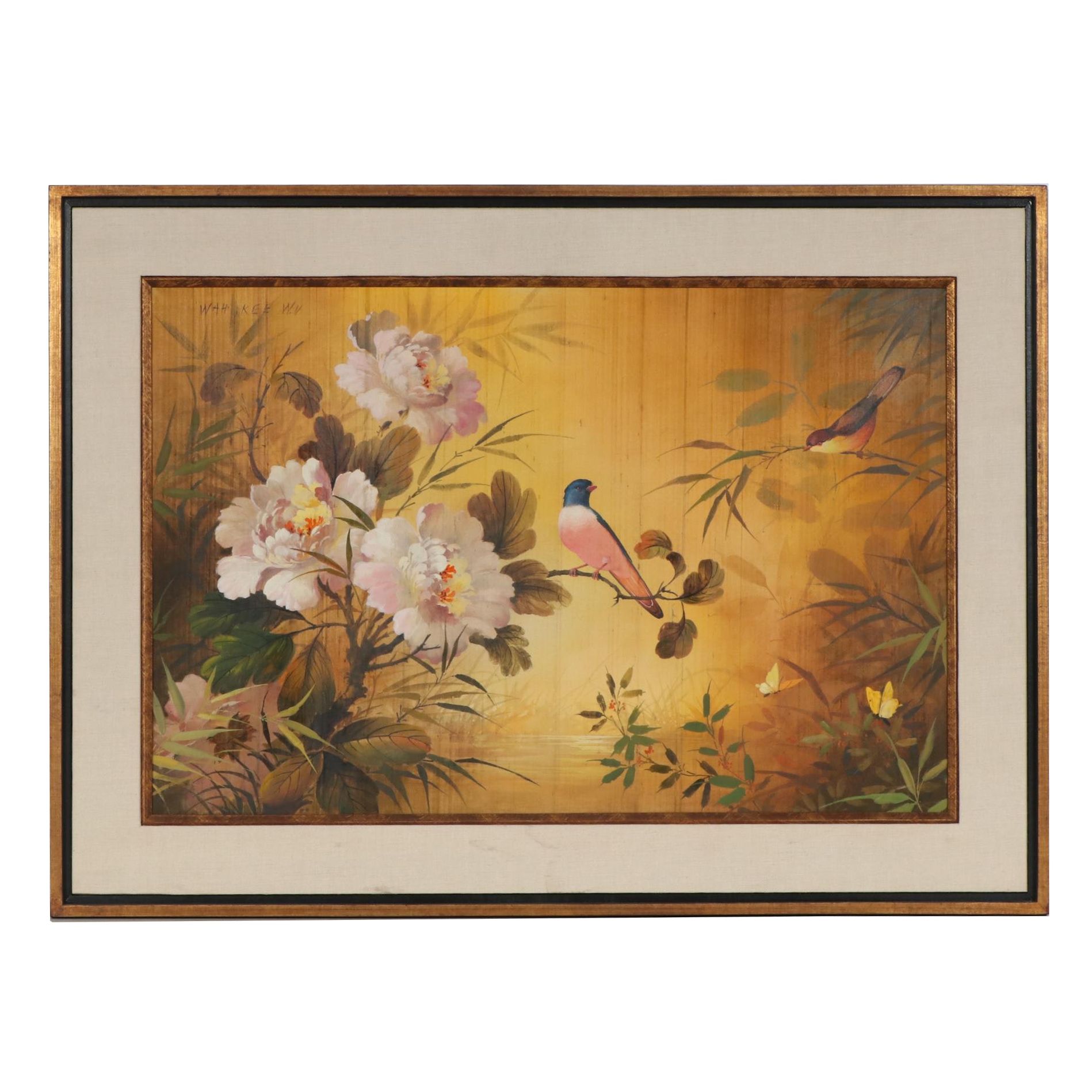 Wah Kee Wu Flowers and Songbirds Oil Painting on Silk, Mid-20th Century