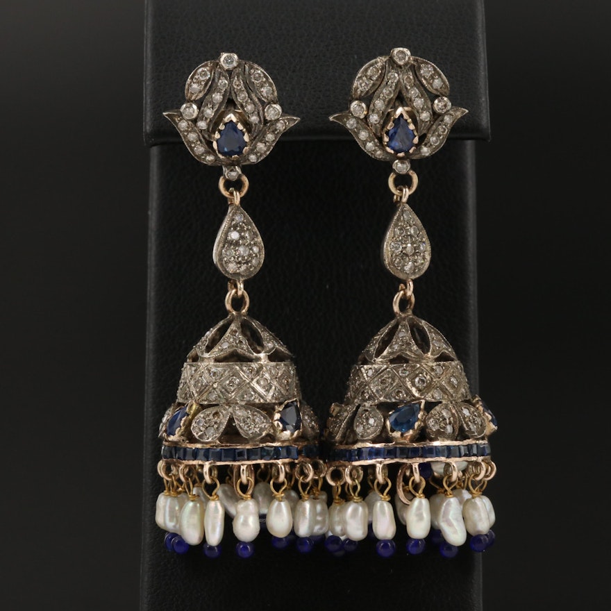 Traditional Sterling 1.00 CTW Diamond, Sapphire and Pearl Jhumka Earrings