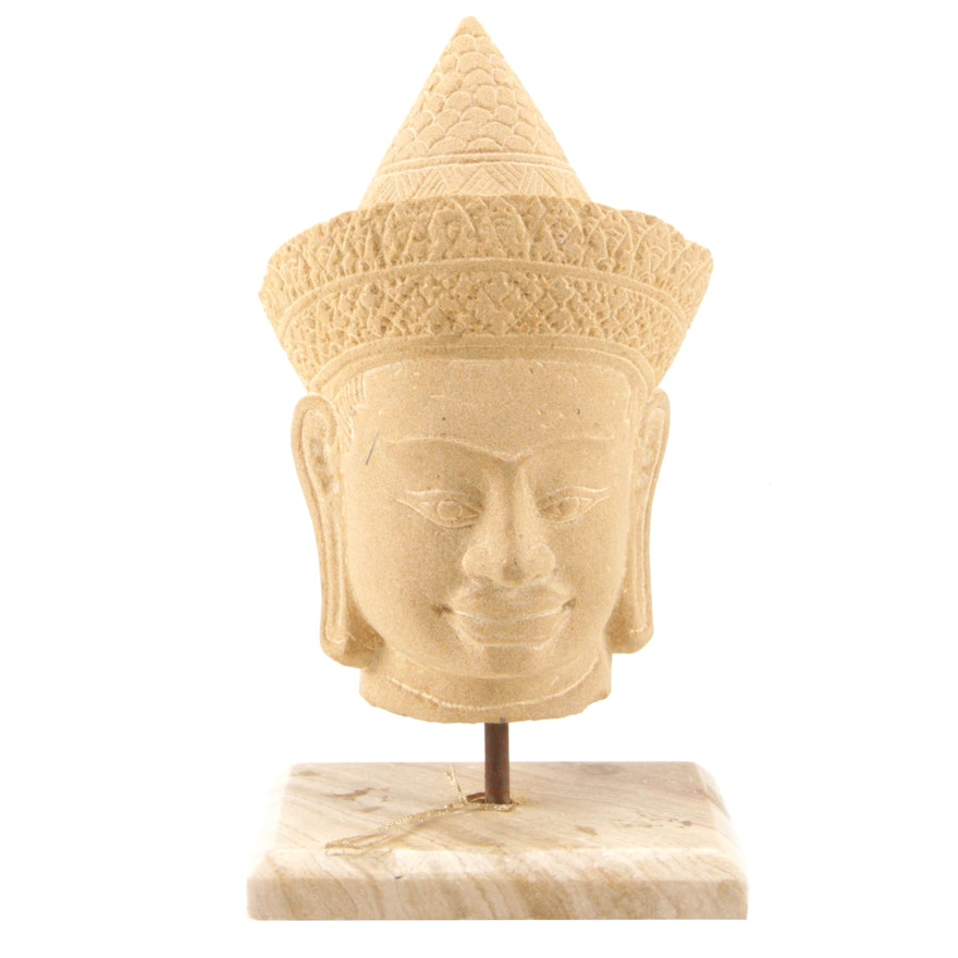 Hand-Carved Buddha Stone Figural Head on Marble Base