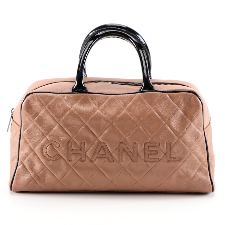 Chanel Diamond Quilted Blush Leather Satchel with Black Patent Leather Trim