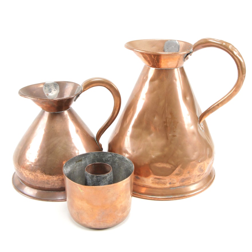Royal Navy Hammered Copper Liquid Measuring Rum Pitchers and Jelly Mold