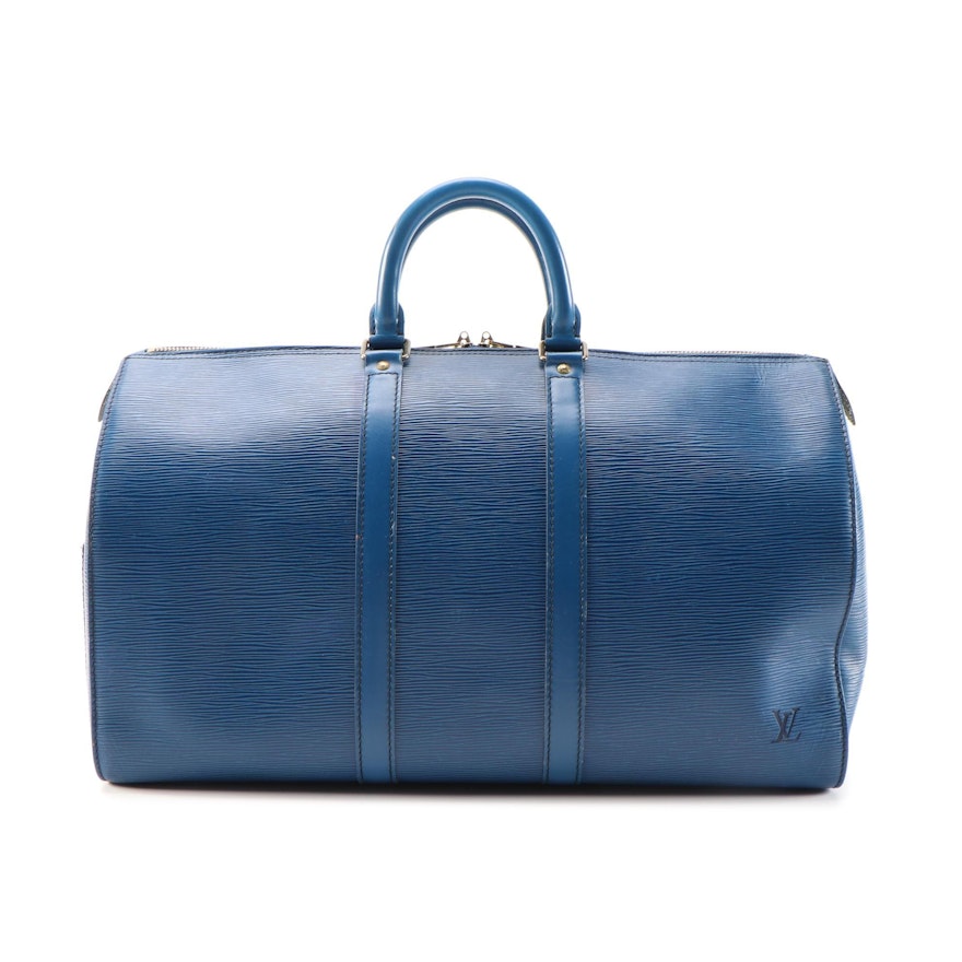 Louis Vuitton Keepall 45 Duffel Bag in Toledo Blue Epi and Smooth Leather