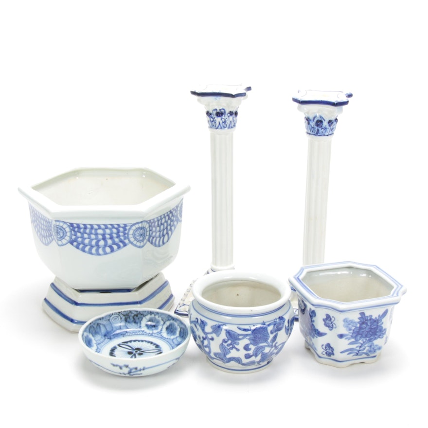 Blue and White Hand-Painted Porcelain Planters and Candlesticks