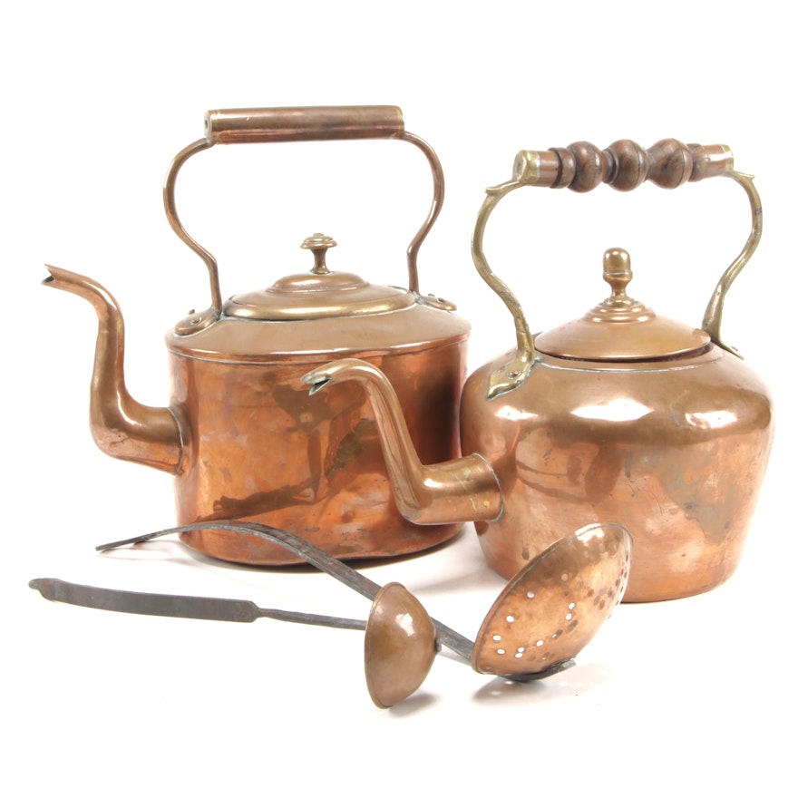 Antique Copper Tea Kettles with Iron Ladles, 19th/20th Century