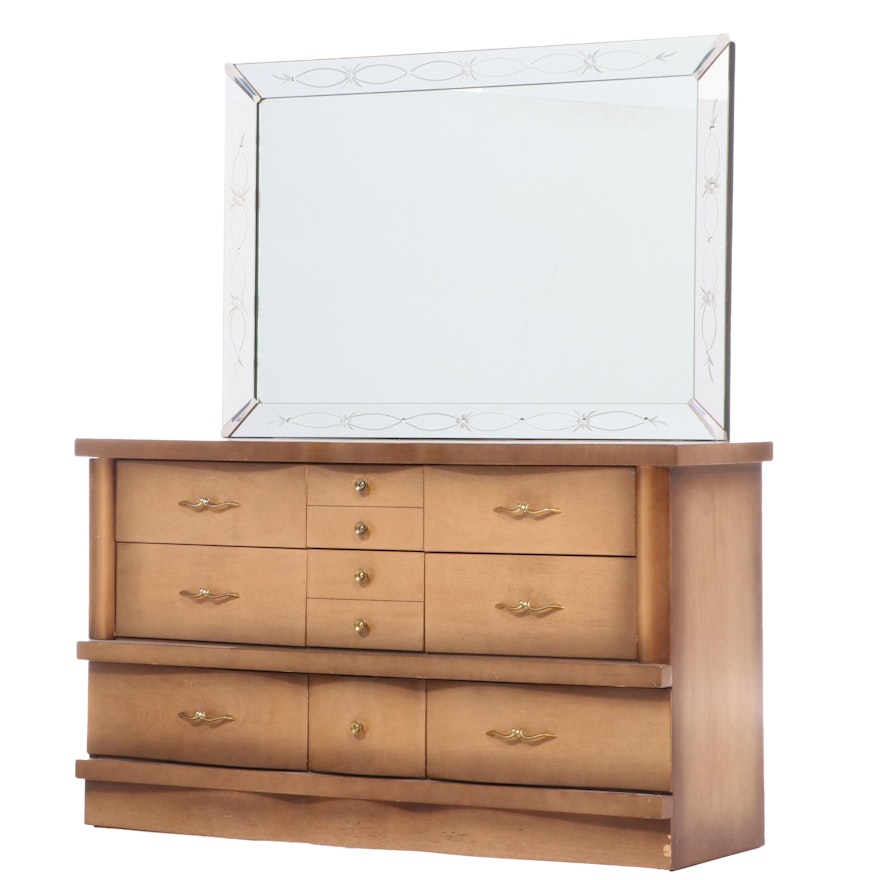 Mid Century Modern Mahogany Dresser with Etched Mirror, Mid-20th Century