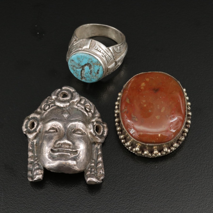 Sterling Silver Turquoise Ring, Bezel Set Jasper and Figural Pendant