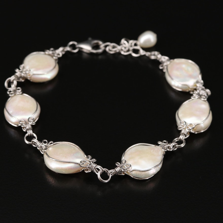 Sterling Silver Cultured Pearl Bracelet Featuring Wire Work Design