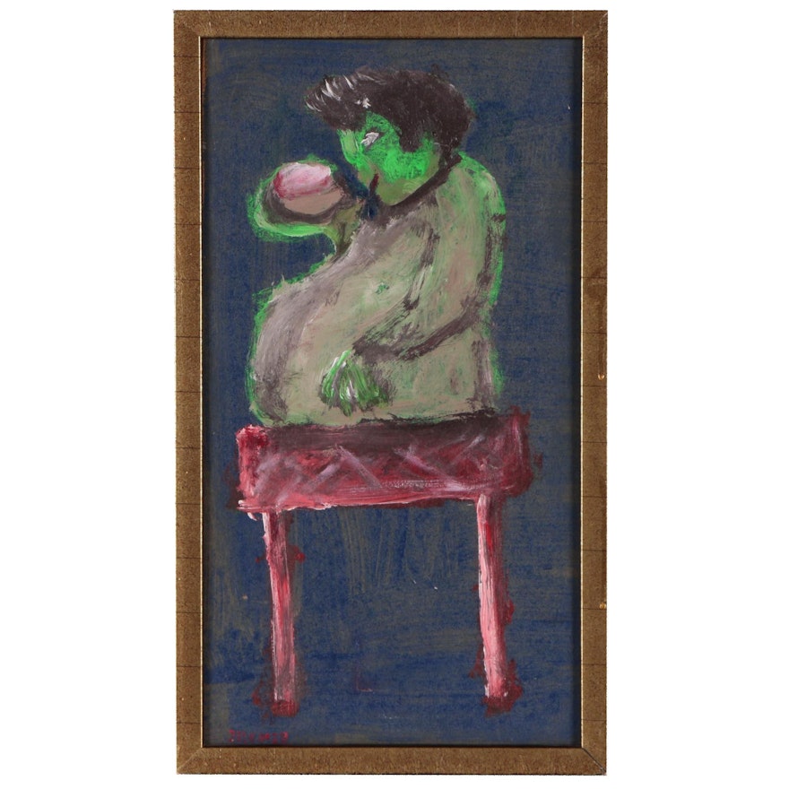 Folk Art Oil Painting of a Green Figure