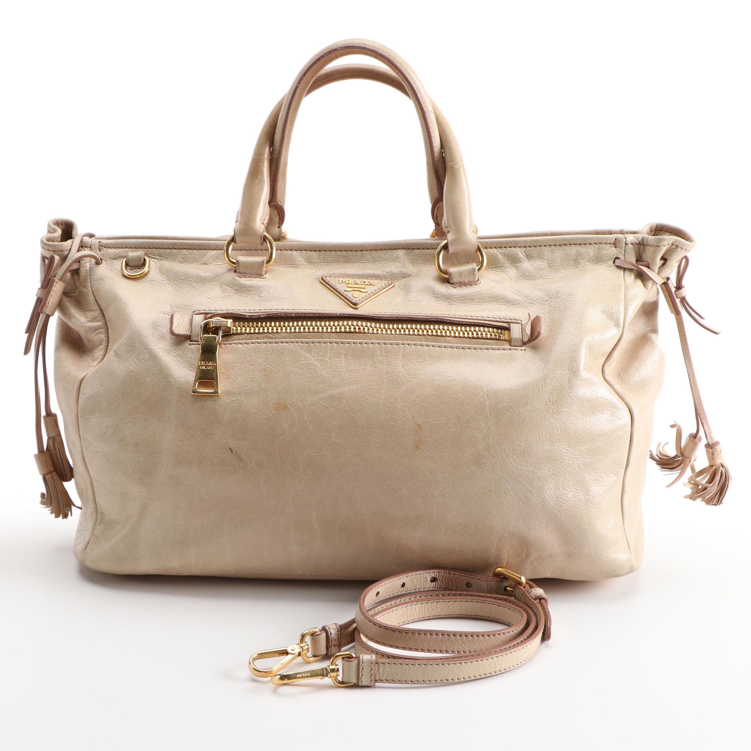 Prada Beige Vitello Leather Two-Way Zip Tote