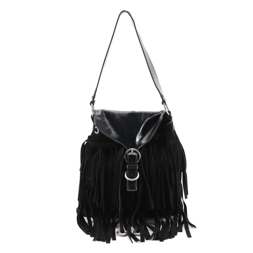 Yves Saint Laurent Black Suede Fringe and Crinkle Patent Leather Shoulder Bag