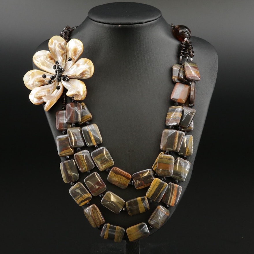 Iran Tiger's Eye and Pearl Multi-Strand Beaded Necklace with Sterling Clasp