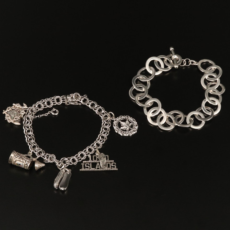 Sterling Cable Bracelet and Charm Bracelet with Enamel Accents