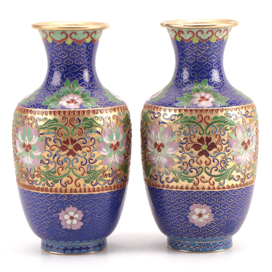 Chinese Cloisonné Enamel Vases with Lotus Flower Motif, Mid to Late 20th Century
