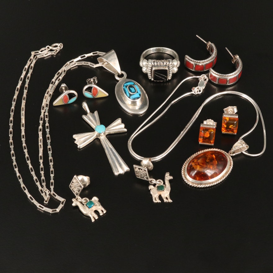 Assorted Jewelry with 950 and Sterling Including Cross, Llamas and more