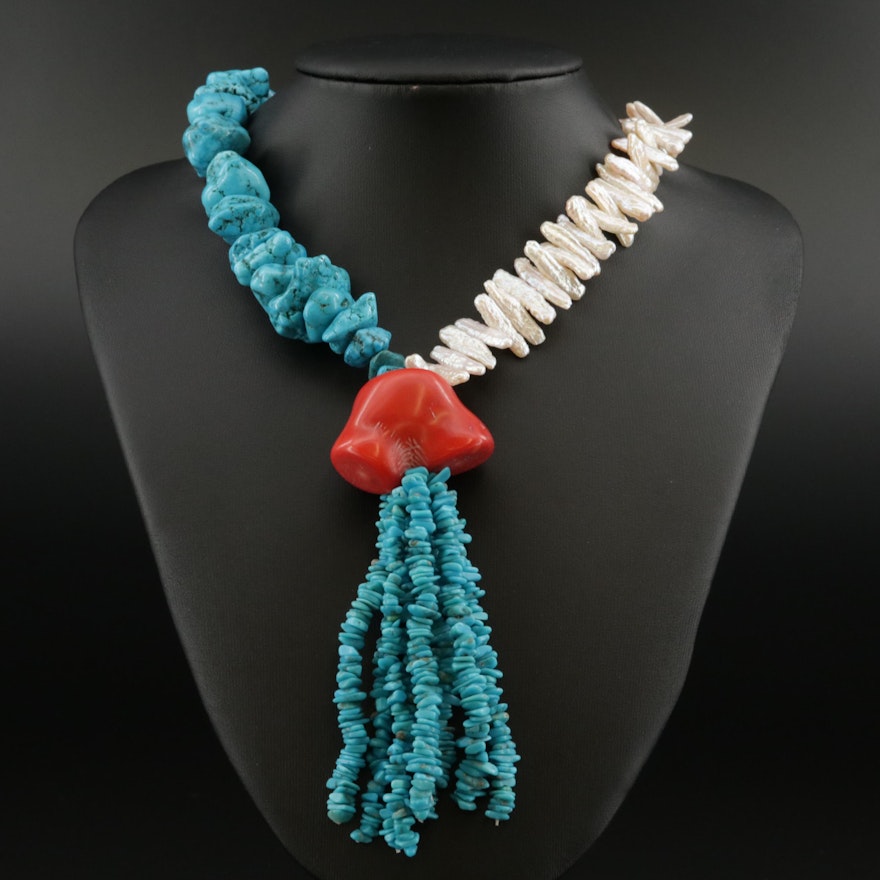 Sterling Silver Coral, Pearl and Faux Turquoise Necklace