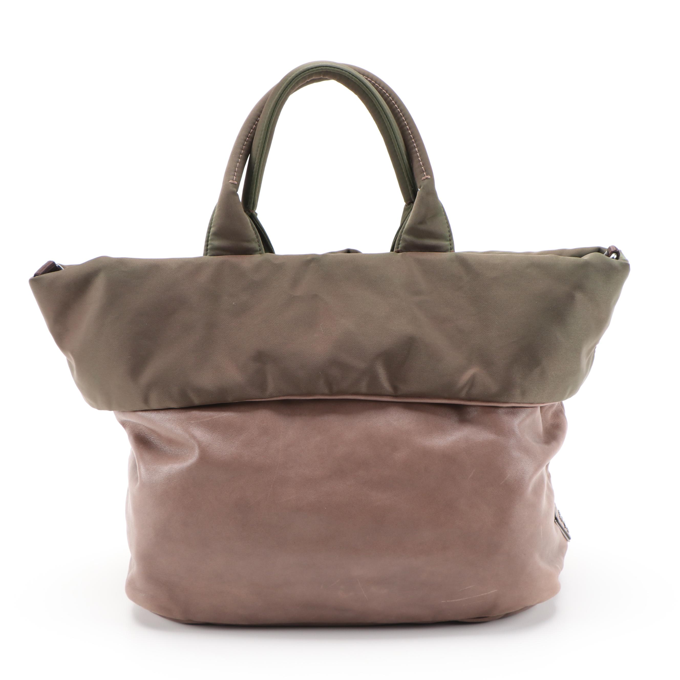 Prada Bambu Nappa Leather and Olive Tessuto Nylon Reversible Two-Way Tote Bag