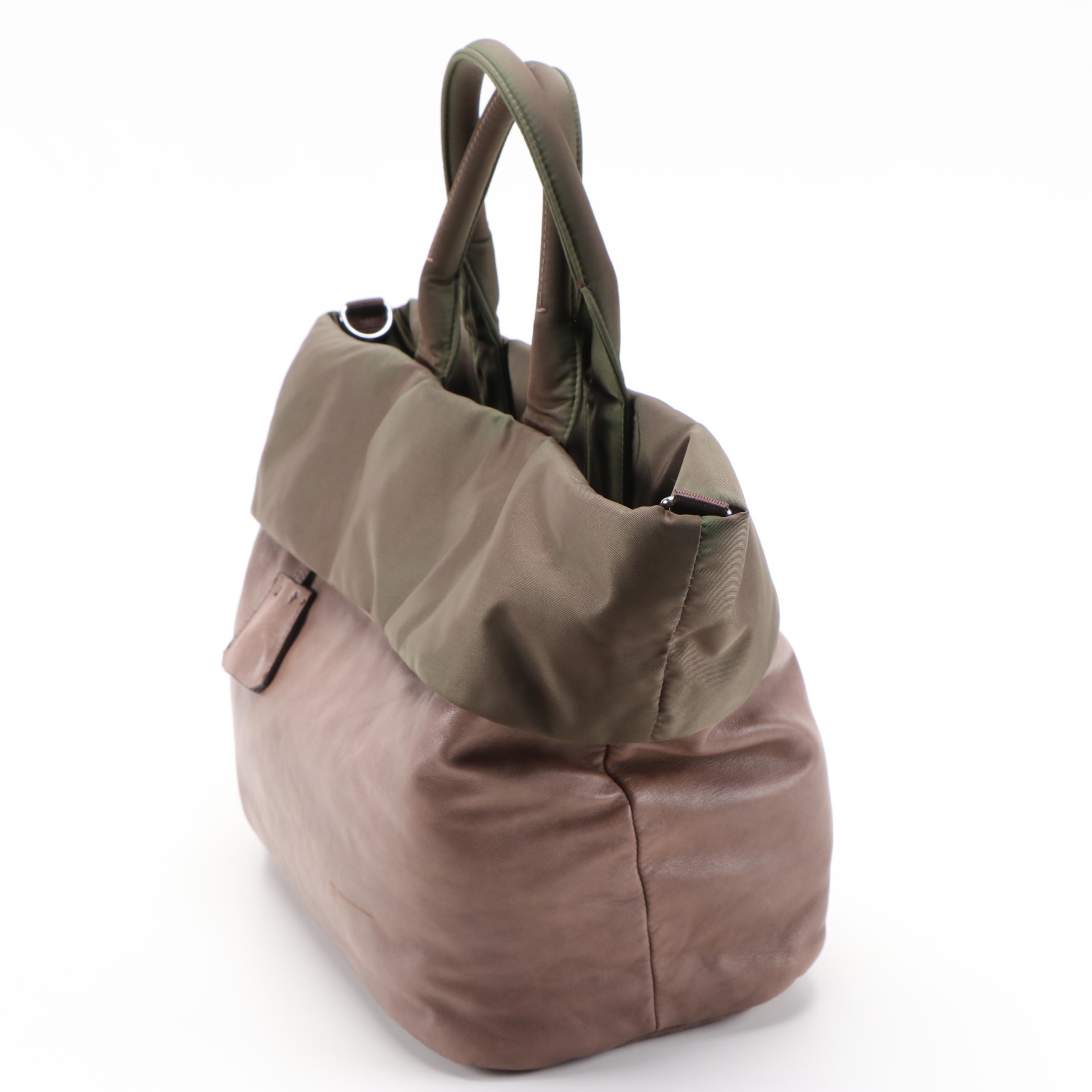 Prada Bambu Nappa Leather and Olive Tessuto Nylon Reversible Two-Way Tote Bag