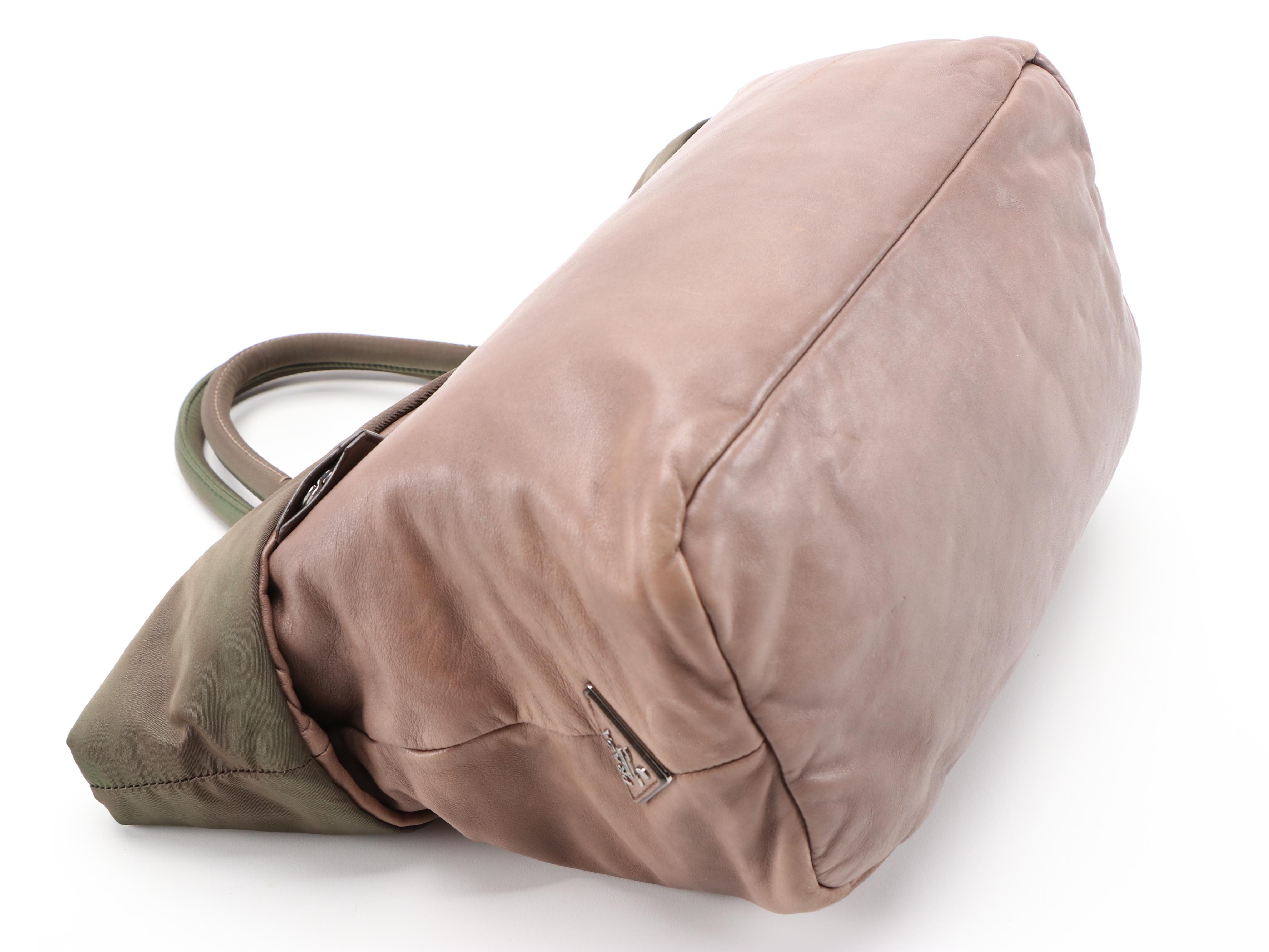 Prada Bambu Nappa Leather and Olive Tessuto Nylon Reversible Two-Way Tote Bag