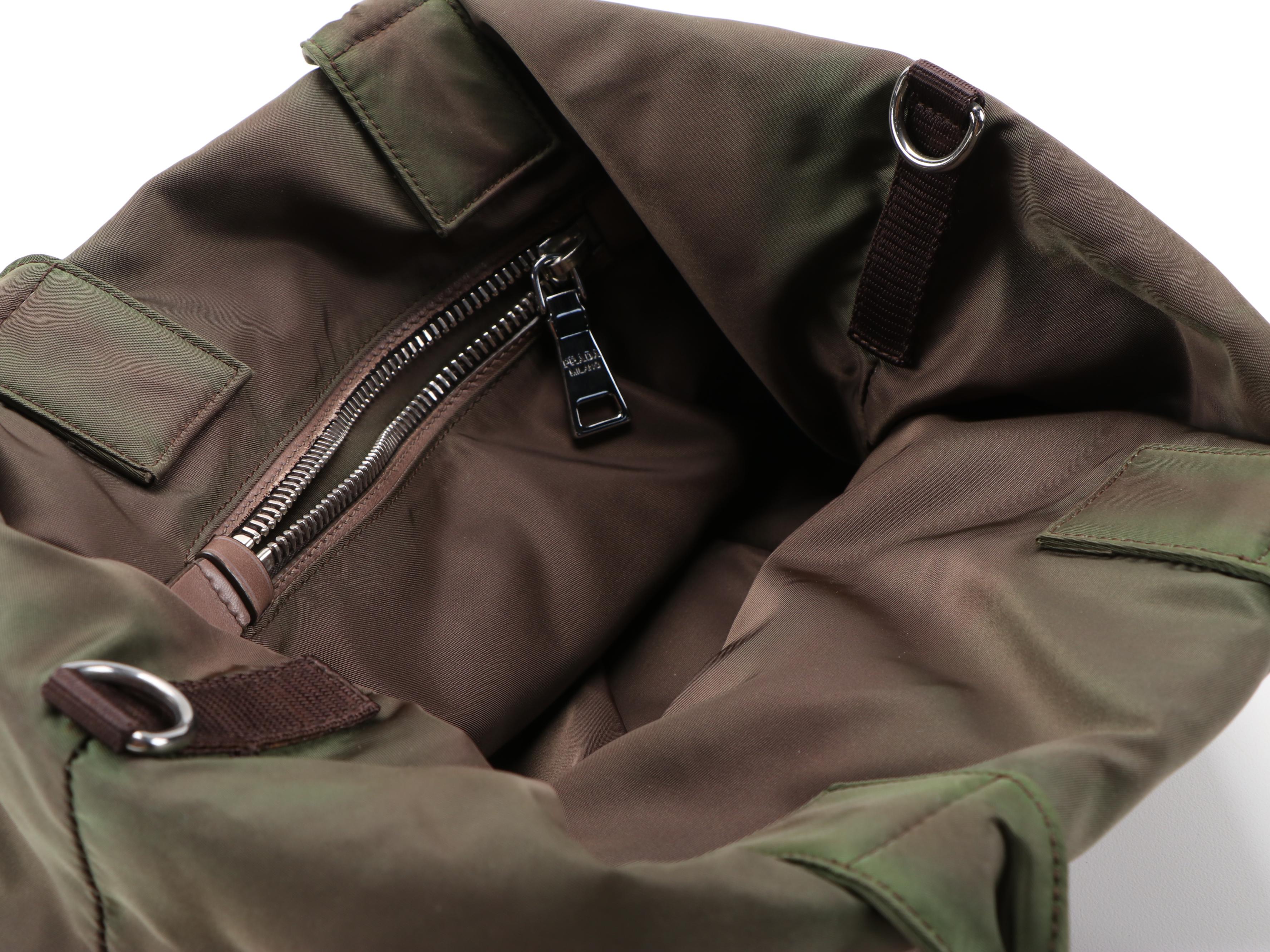 Prada Bambu Nappa Leather and Olive Tessuto Nylon Reversible Two-Way Tote Bag