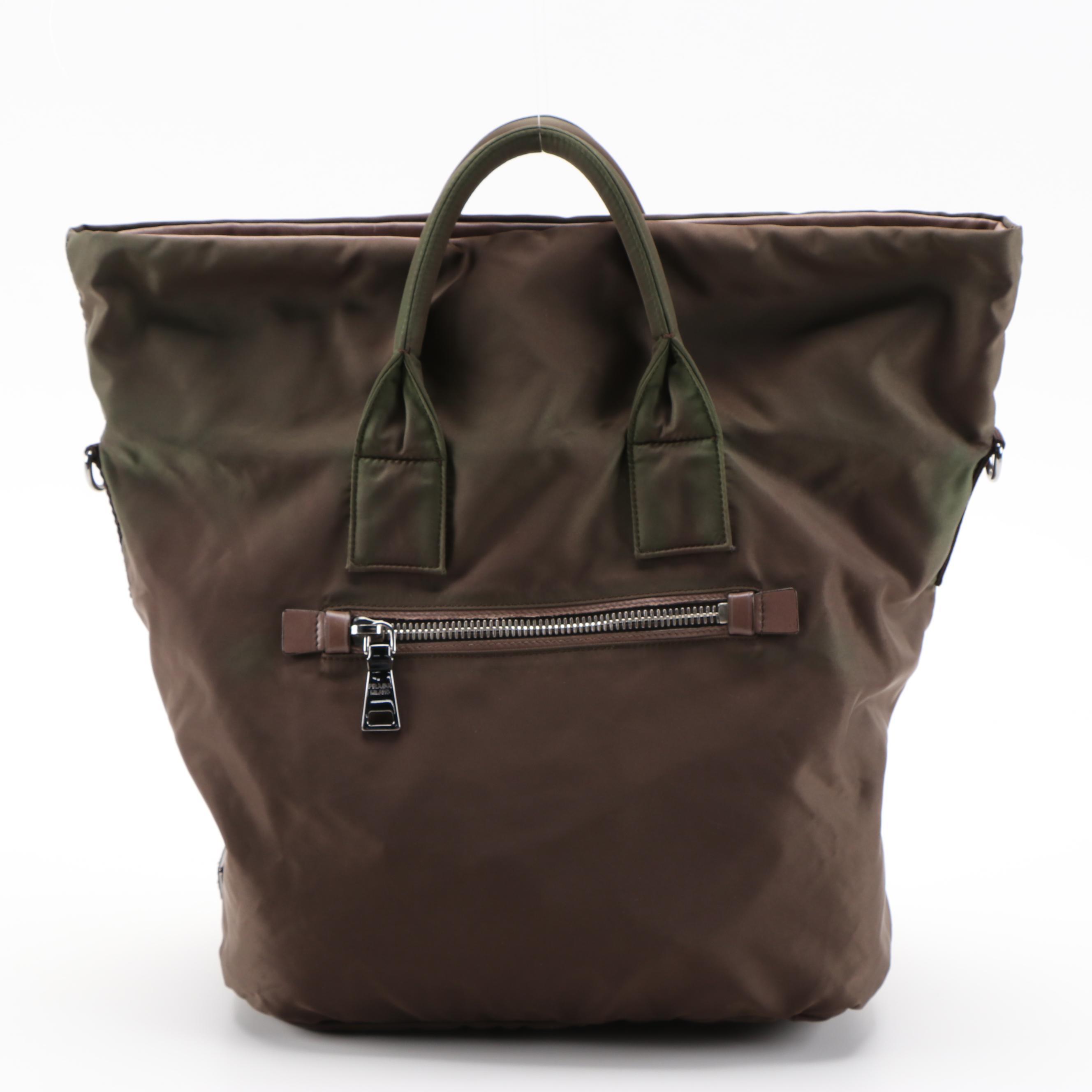 Prada Bambu Nappa Leather and Olive Tessuto Nylon Reversible Two-Way Tote Bag