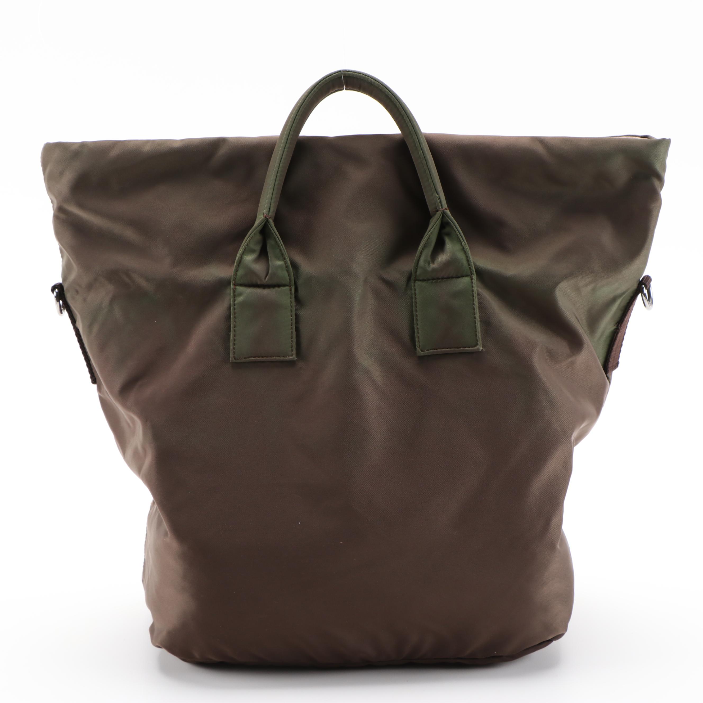 Prada Bambu Nappa Leather and Olive Tessuto Nylon Reversible Two-Way Tote Bag