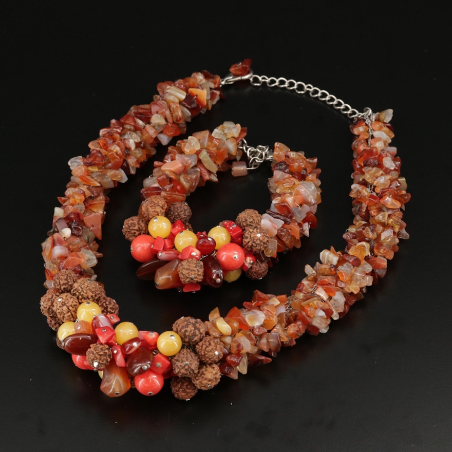 Agate, Quartzite, Coral Necklace and Bracelet Set Featuring Rudraksha Seed
