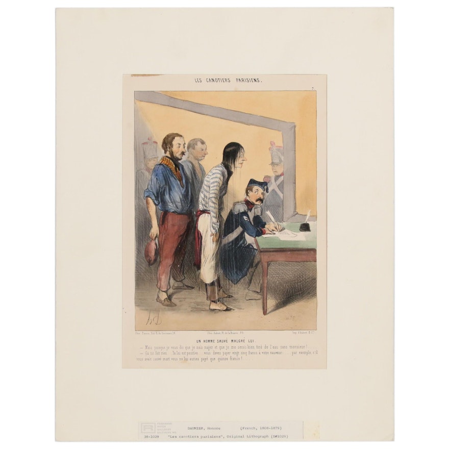 Honoré Daumier Lithograph "Un Homme Sauvé Malgré Lui," 19th Century