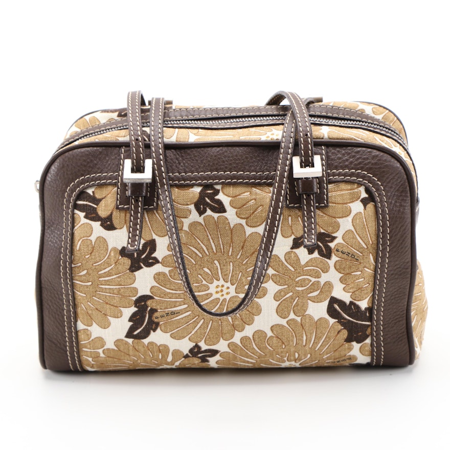 Fendi Floral Print Canvas Shoulder Bag with Brown Leather Trim