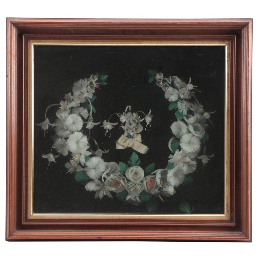 Victorian Feather Mourning Wreath in Shadowbox Frame, Late 19th Century