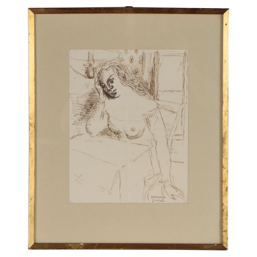 Paul Delvaux Ink Drawing of Female Nude and Letter, 1966