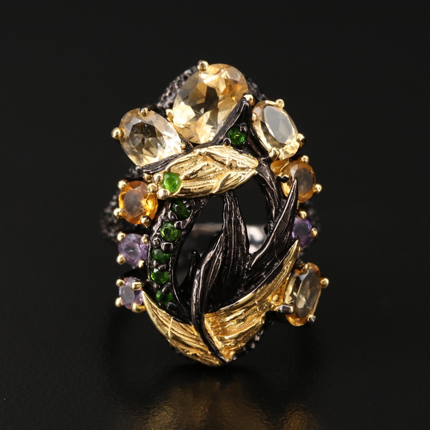 Sterling Silver Citrine, Diopside and Amethyst Ring