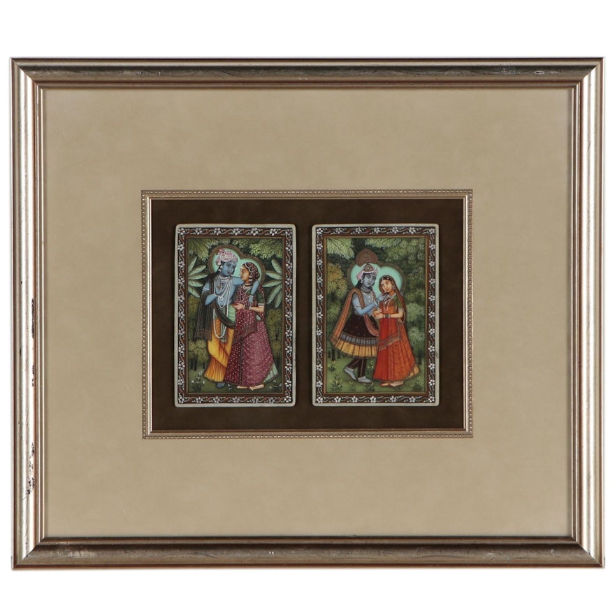 Indian Gouache Paintings on Stone Depicting Krishna and Radha