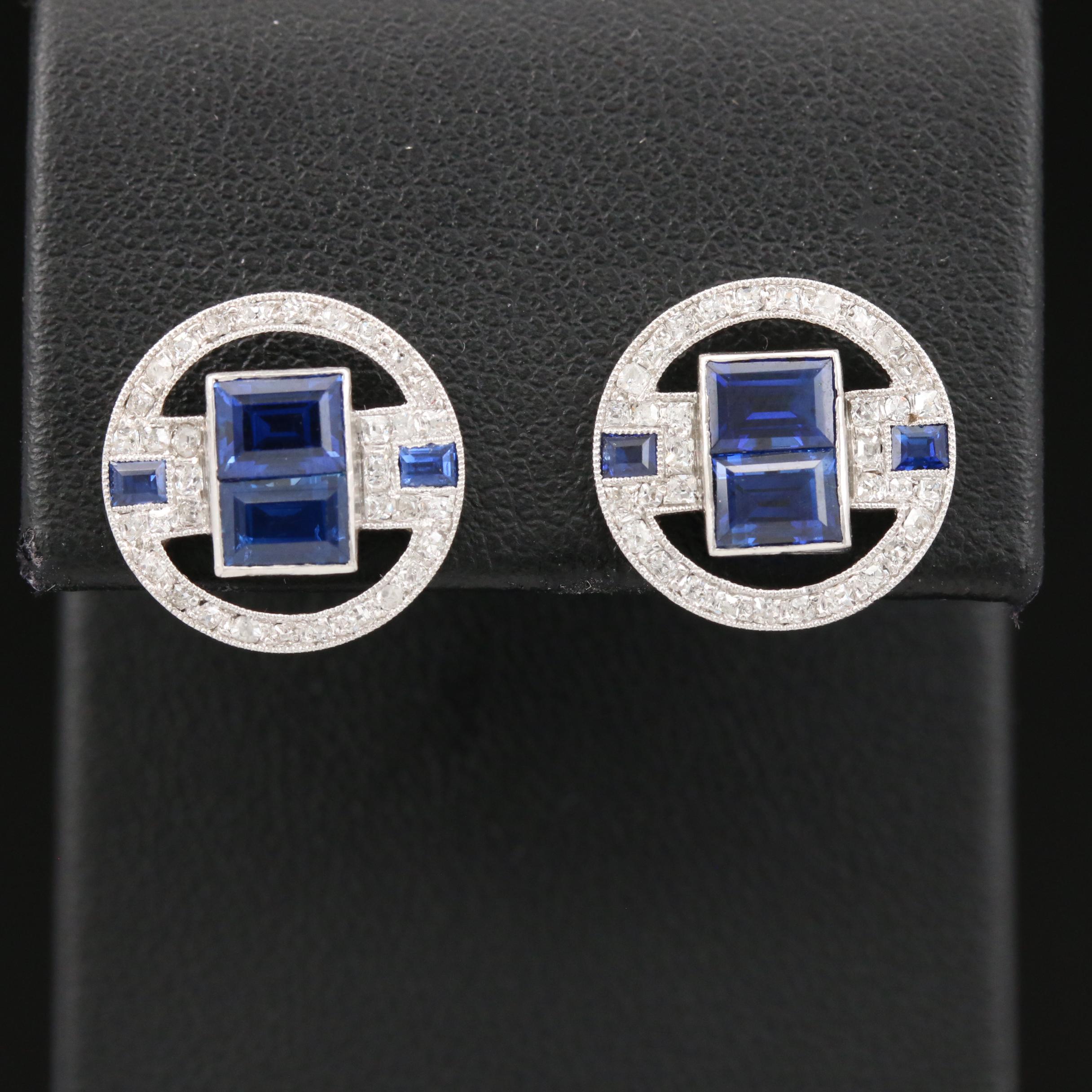 Art Deco Platinum, Diamond and Blue Sapphire Button Earrings