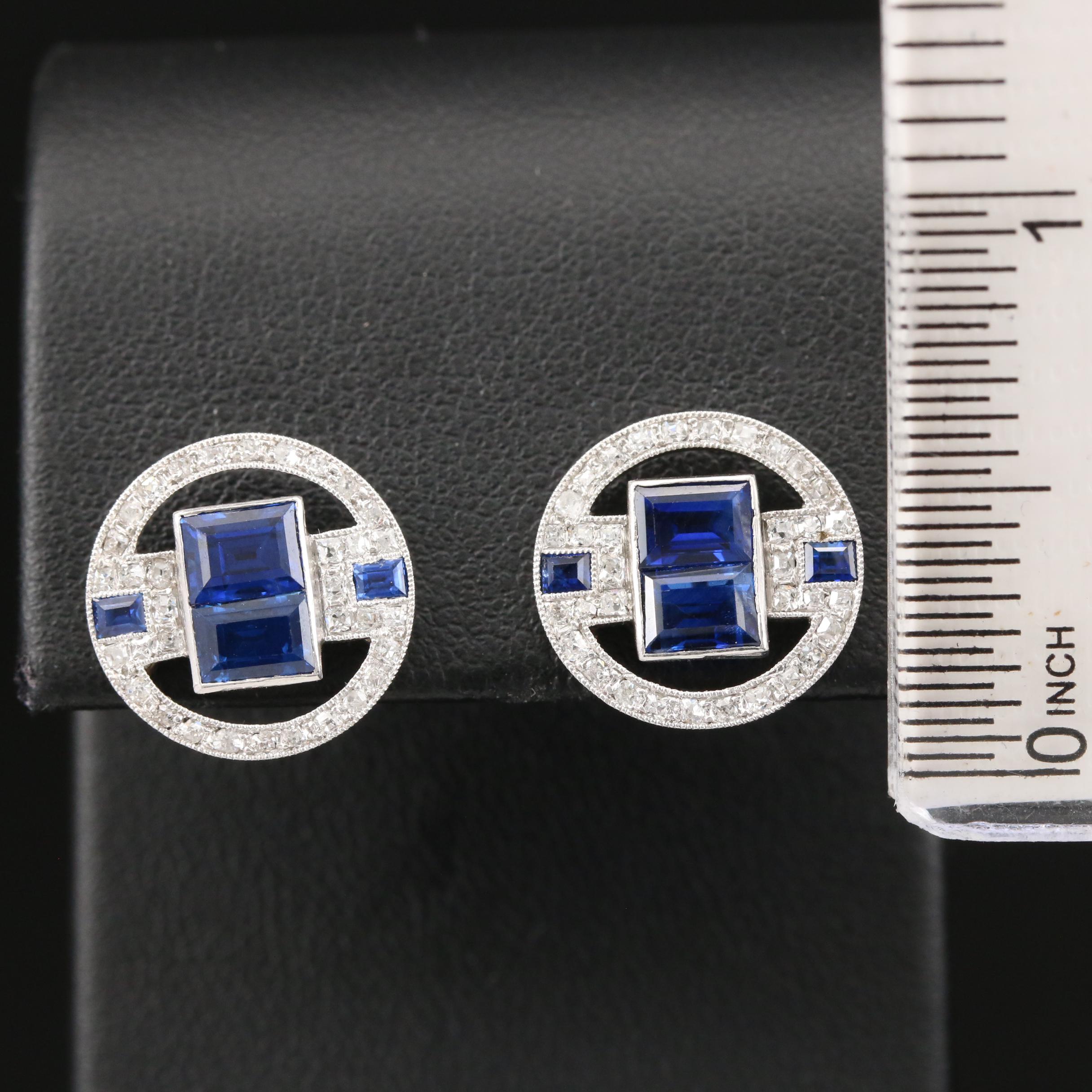 Art Deco Platinum, Diamond and Blue Sapphire Button Earrings