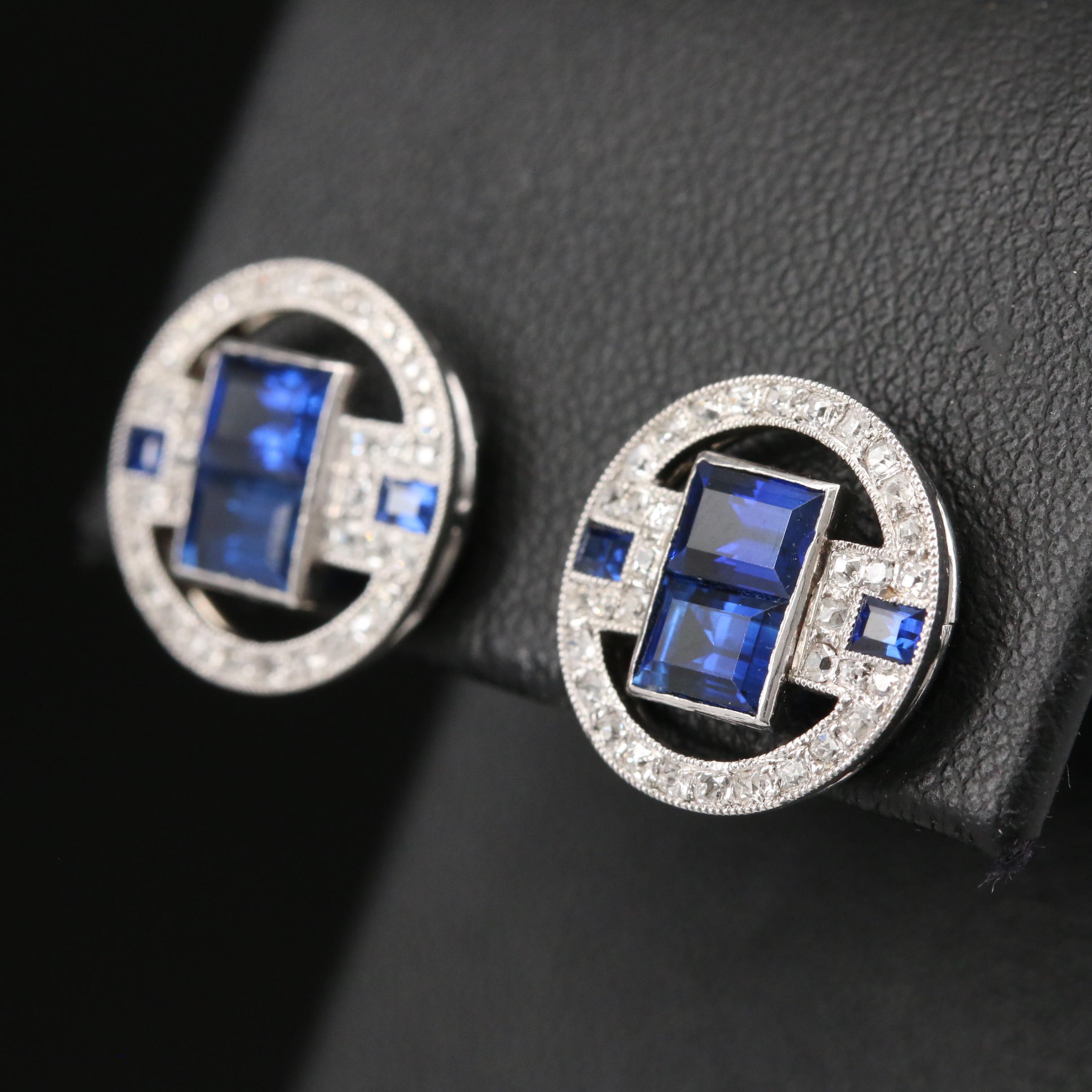 Art Deco Platinum, Diamond and Blue Sapphire Button Earrings