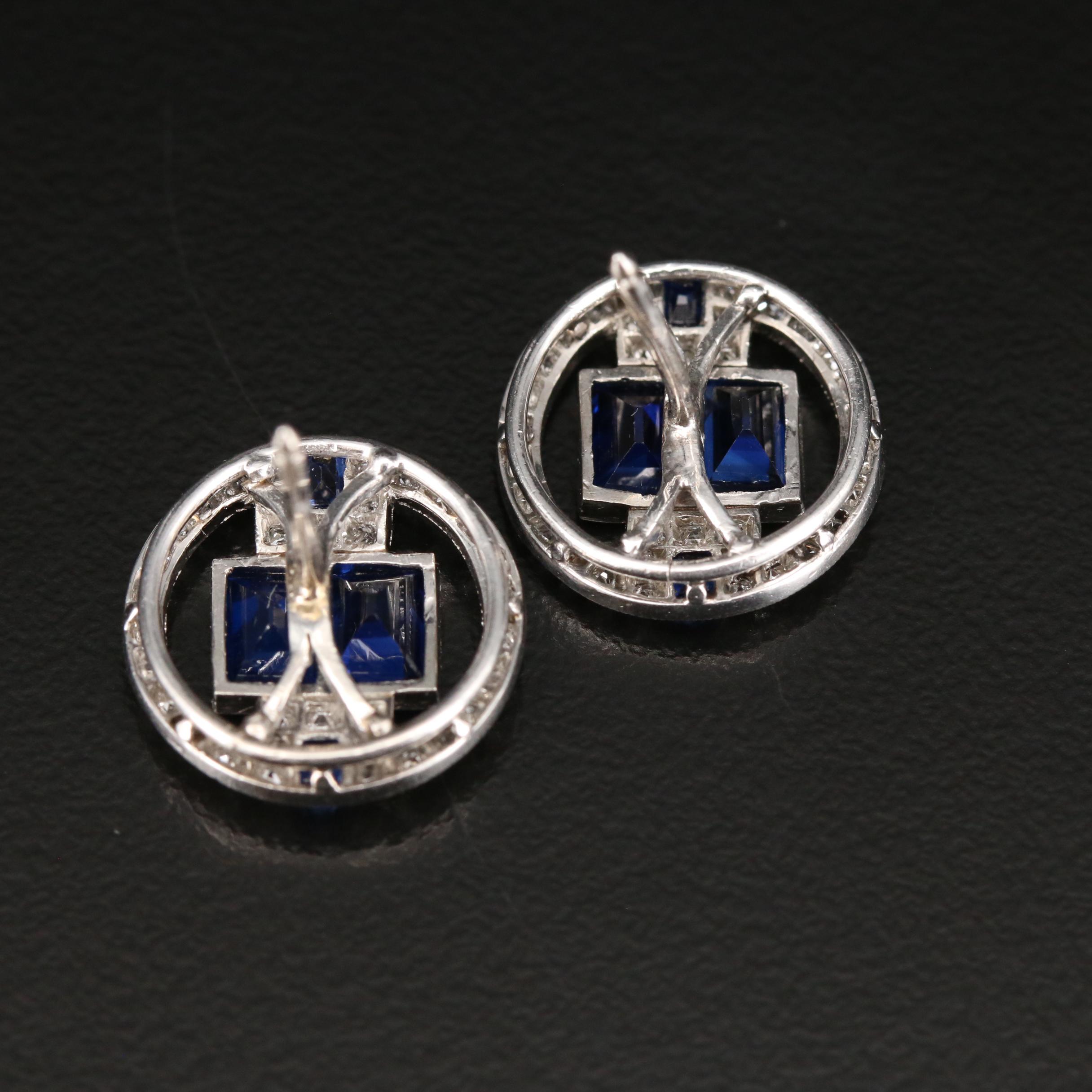 Art Deco Platinum, Diamond and Blue Sapphire Button Earrings