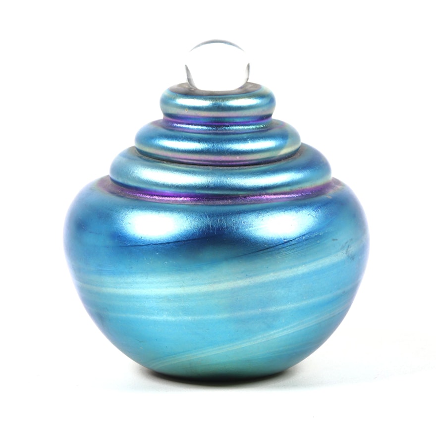 Robert Eickholt Handblown Blue Iridescent Art Glass Paperweight