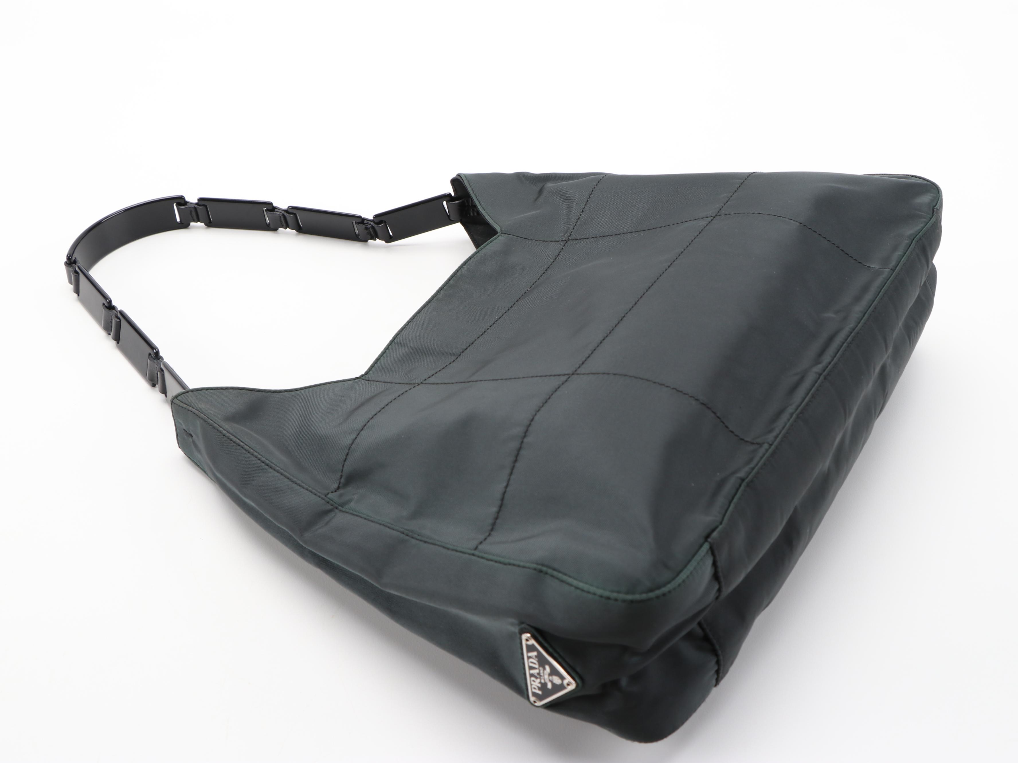 Prada Dark Green Topstitched Nylon Shoulder Bag with Panel Link Strap