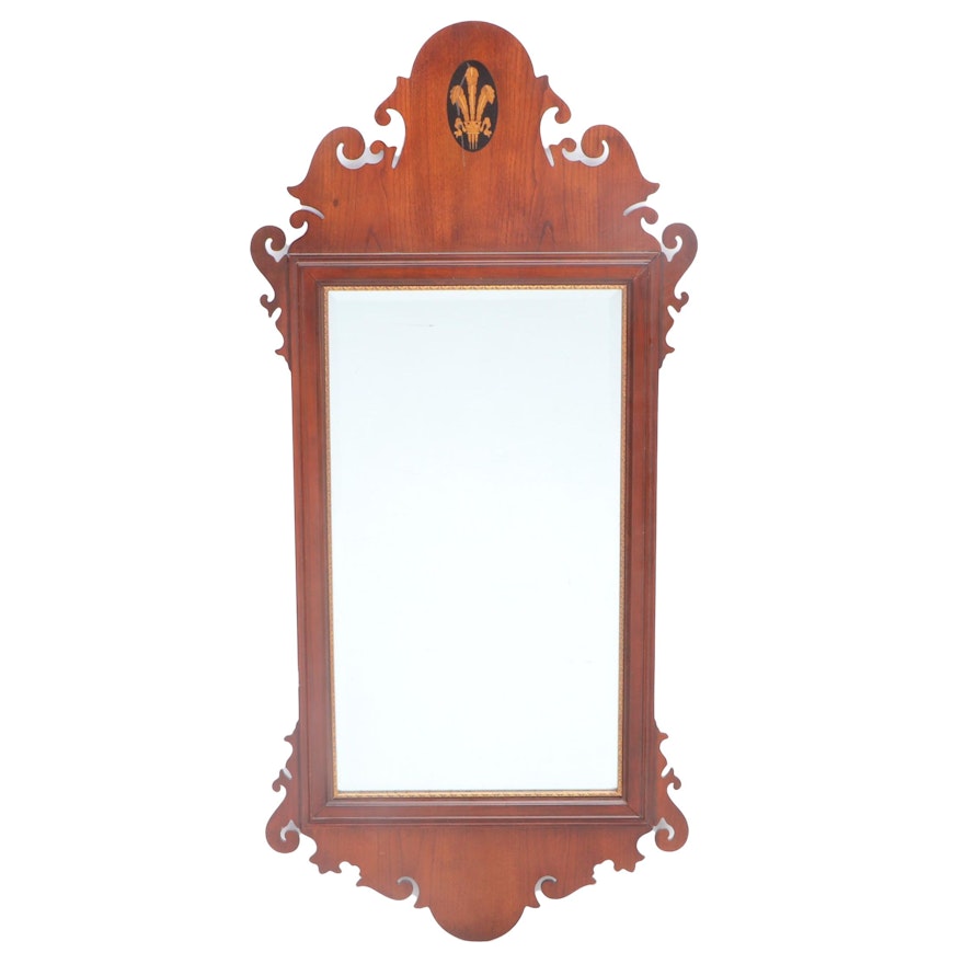 Chippedale Style Cherry and Marquetry Beveled Wall Mirror