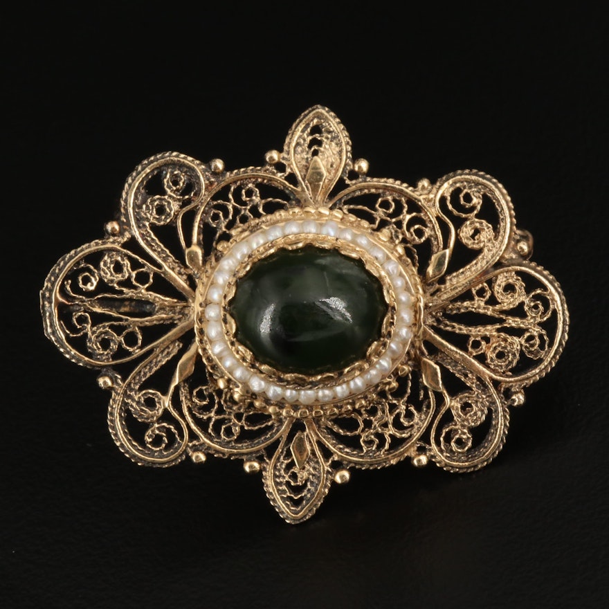 14K Gold Nephrite and Seed Pearl Wirework Converter Brooch