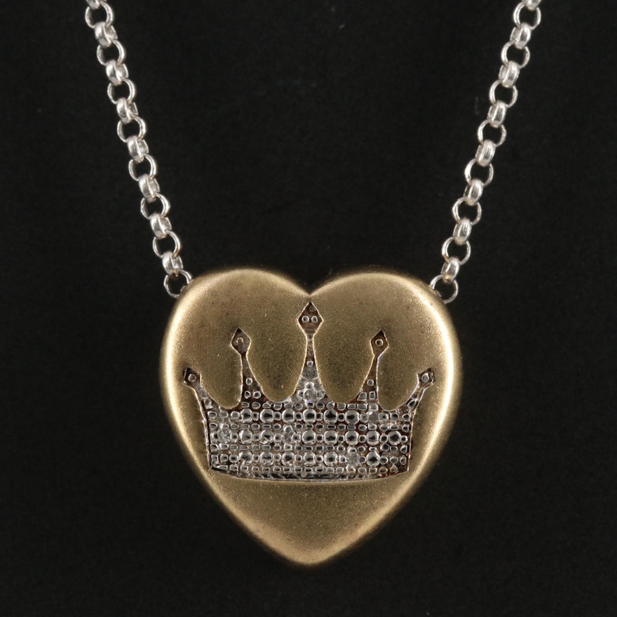 Sterling Silver Diamond Heart and Crown Necklace