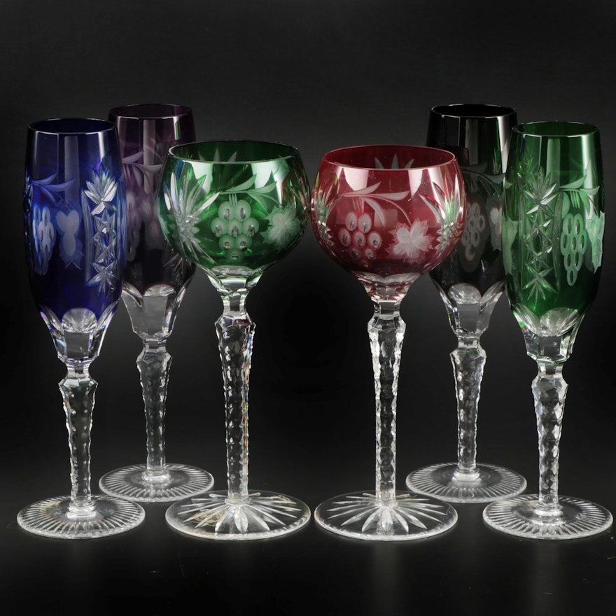 Bohemian Multi Colored Cut to Clear Flutes and Goblets