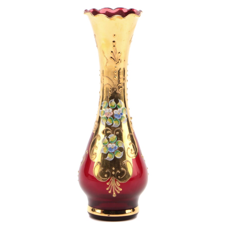 Italian Enameled and Gilt Accented Ruby Art Glass Vase, Mid to Late 20th Century