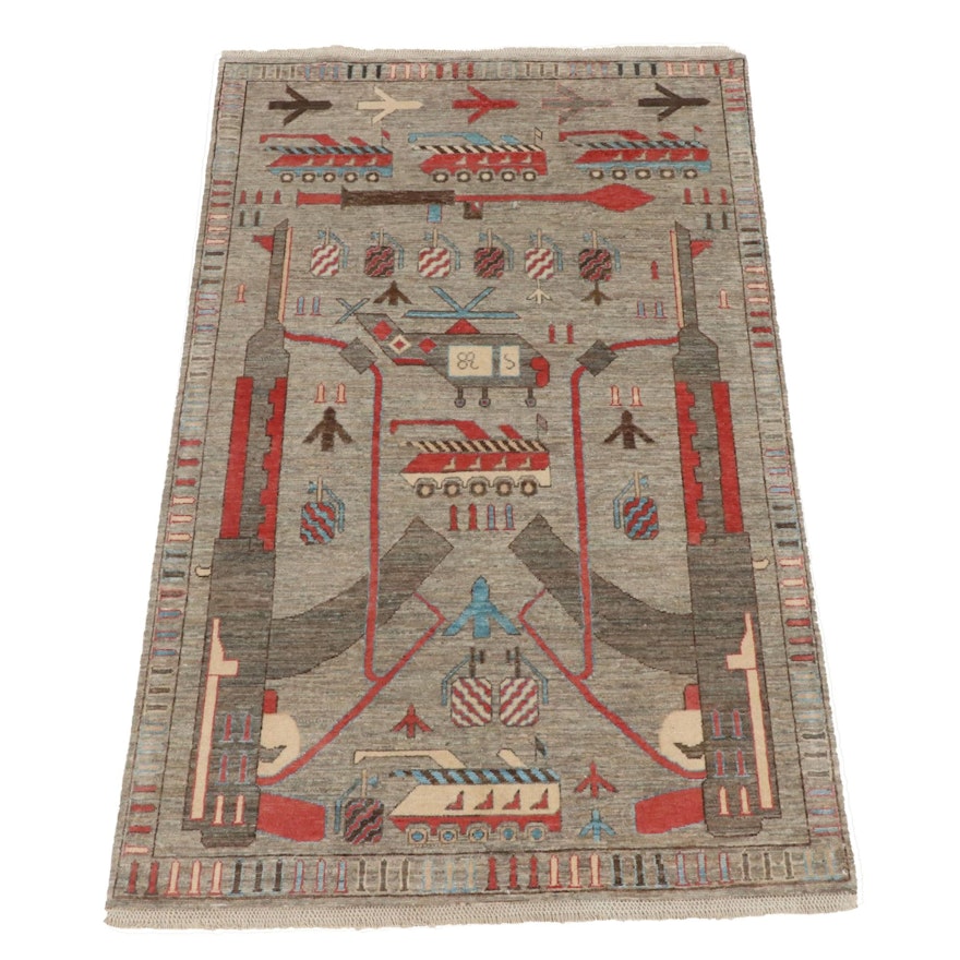 4'0 x 6'6 Hand-Knotted Afghani Pictorial War Rug