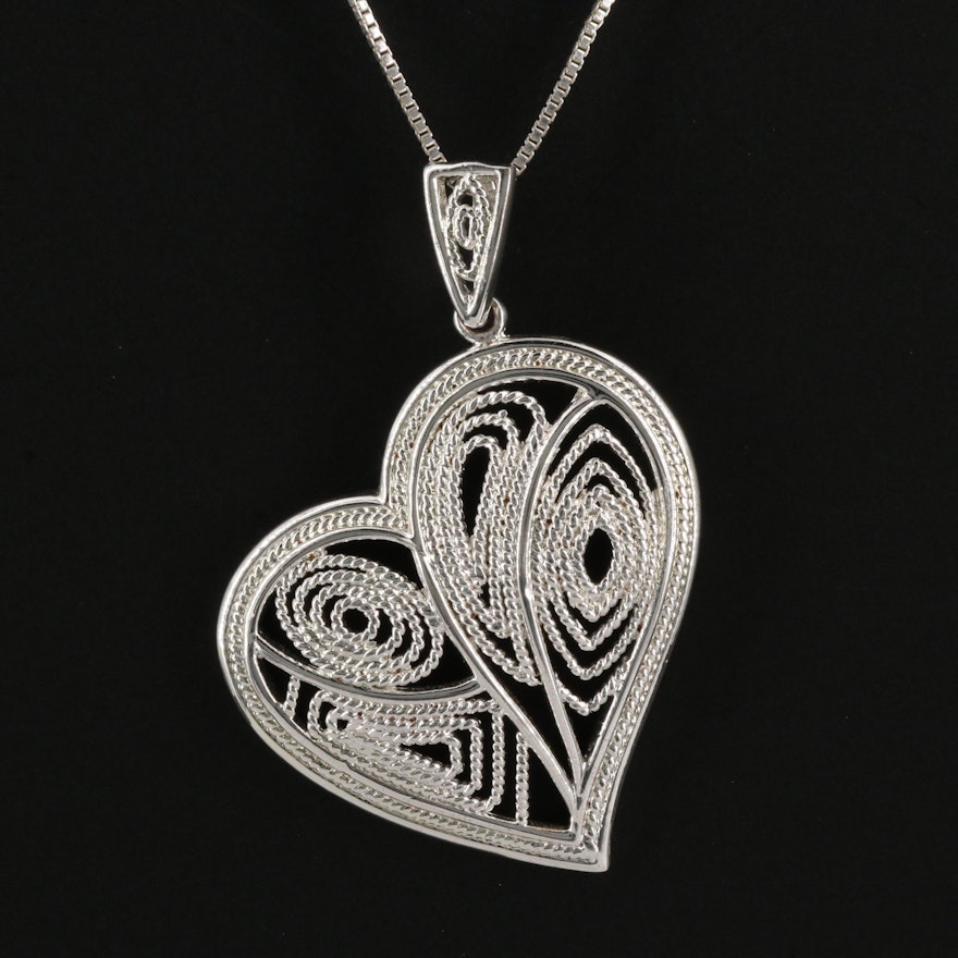 Sterling Silver Filigree Heart Pendant Necklace