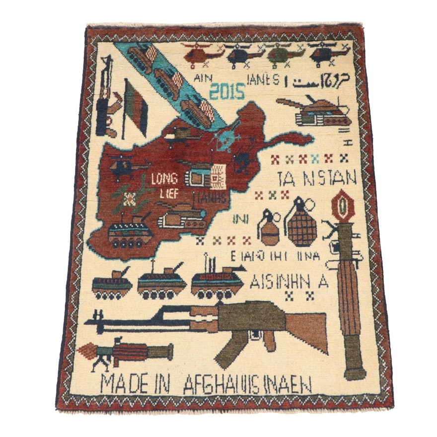 2'0 x 2'7 Hand-Knotted Afghani War Pictorial Rug, 2010s